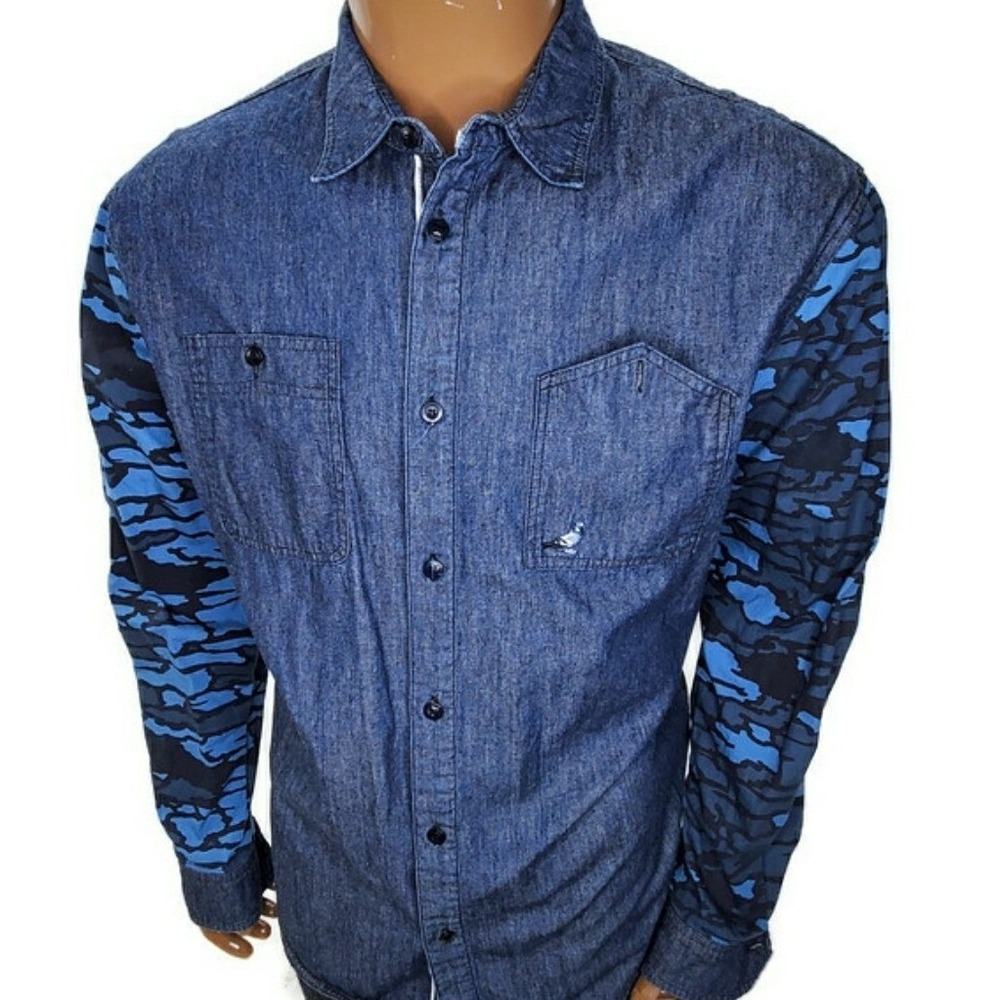Staple World Renown Pigeon Brand Denim Blue Camo Sleeve Shirt XL